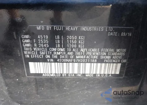 2017 Subaru Legacy 2.5I Premium из США, поврежденный, VIN 4S3BNAF67H3021188